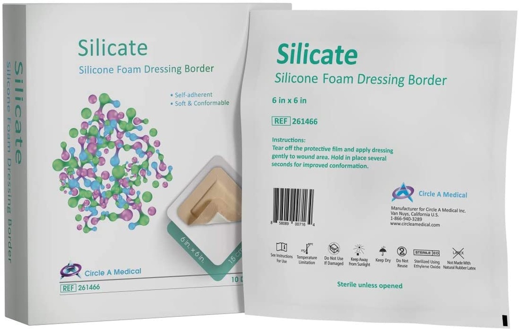Silicate Silicone Border Foam Dressing, Gentle, 6&quot; x 6&quot;, 10/bx
