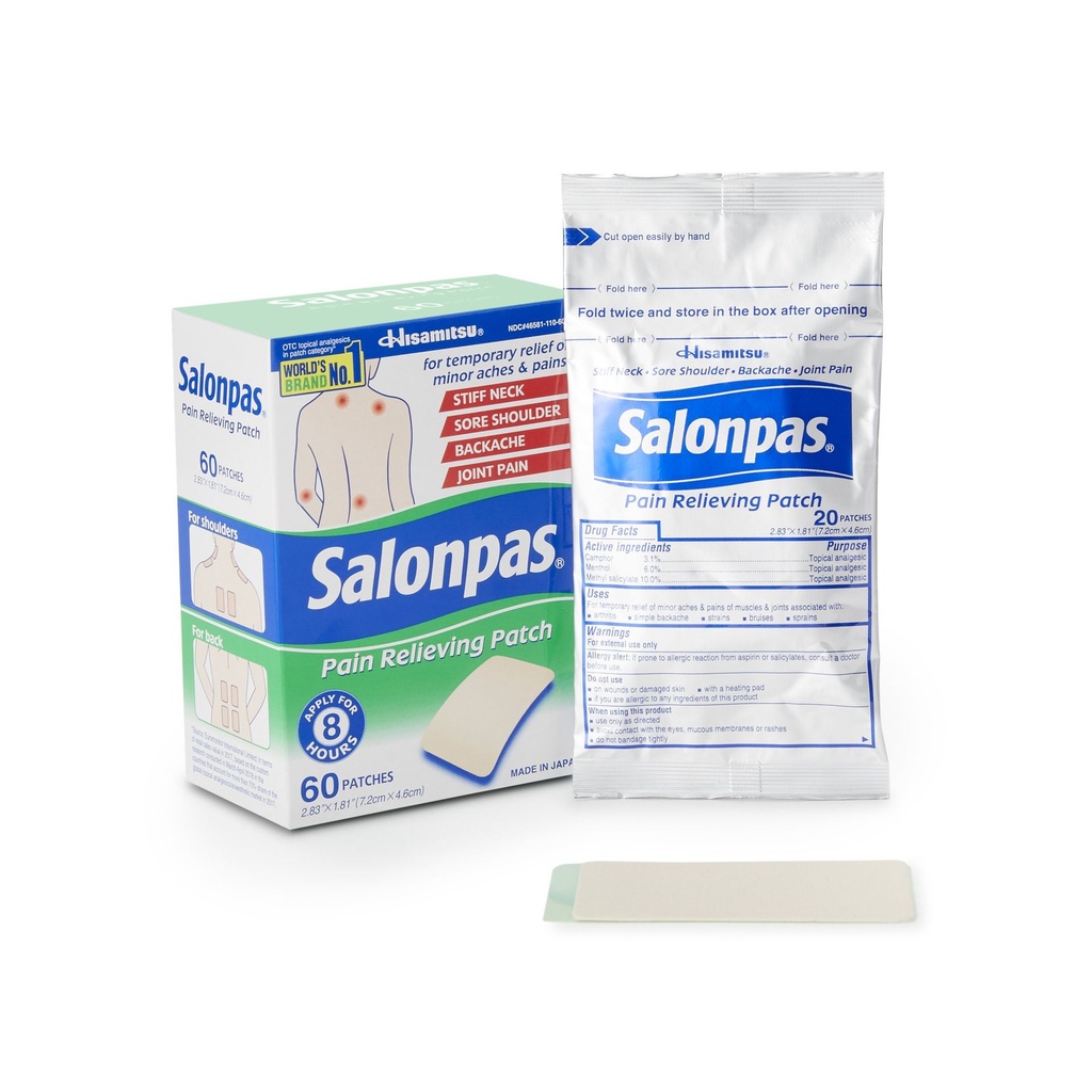 Topical Pain Relief Salonpas® 3.1% - 6% - 10% Strength Camphor / Menthol / Methyl Salicylate Patch 60 per Box