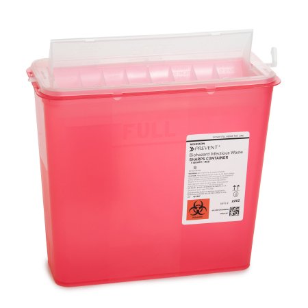 Sharps Container McKesson Prevent® 10-3/4 H X 10-1/2 W X 4-3/4 D Inch 1.25 Gallon Translucent Red Base / Translucent Lid Horizontal Entry Counter Balanced Door Lid