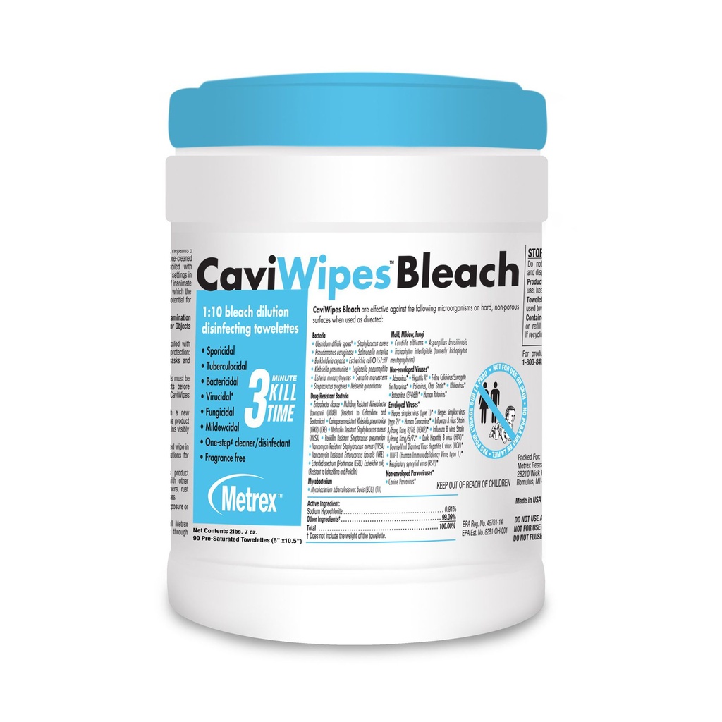 CaviWipes™ Bleach Surface Disinfectant Cleaner Premoistened Manual Pull Wipe 90 Count Canister Disposable Bleach Scent NonSterile
