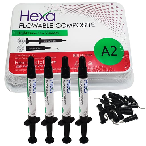 Hexa Flowable Composite A2 - 4 x 2 gm syringes and 20 bent Tips. Light cure