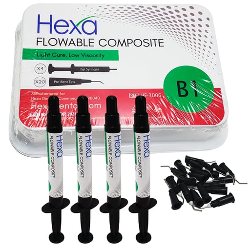 Hexa Flowable Composite B1 - 4 x 2 gm syringes and 20 bent Tips. Light cure