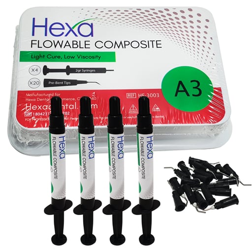 Hexa Flowable Composite A3 - 4 x 2 gm syringes and 20 bent Tips. Light cure