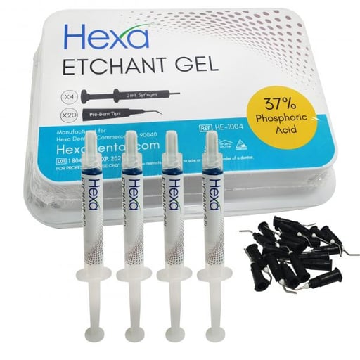 Hexa Etchant Gel 37% Phosphoric Acid, Blue. 4 - 2 mL Syringes &amp; 20 Pre-bent Tips