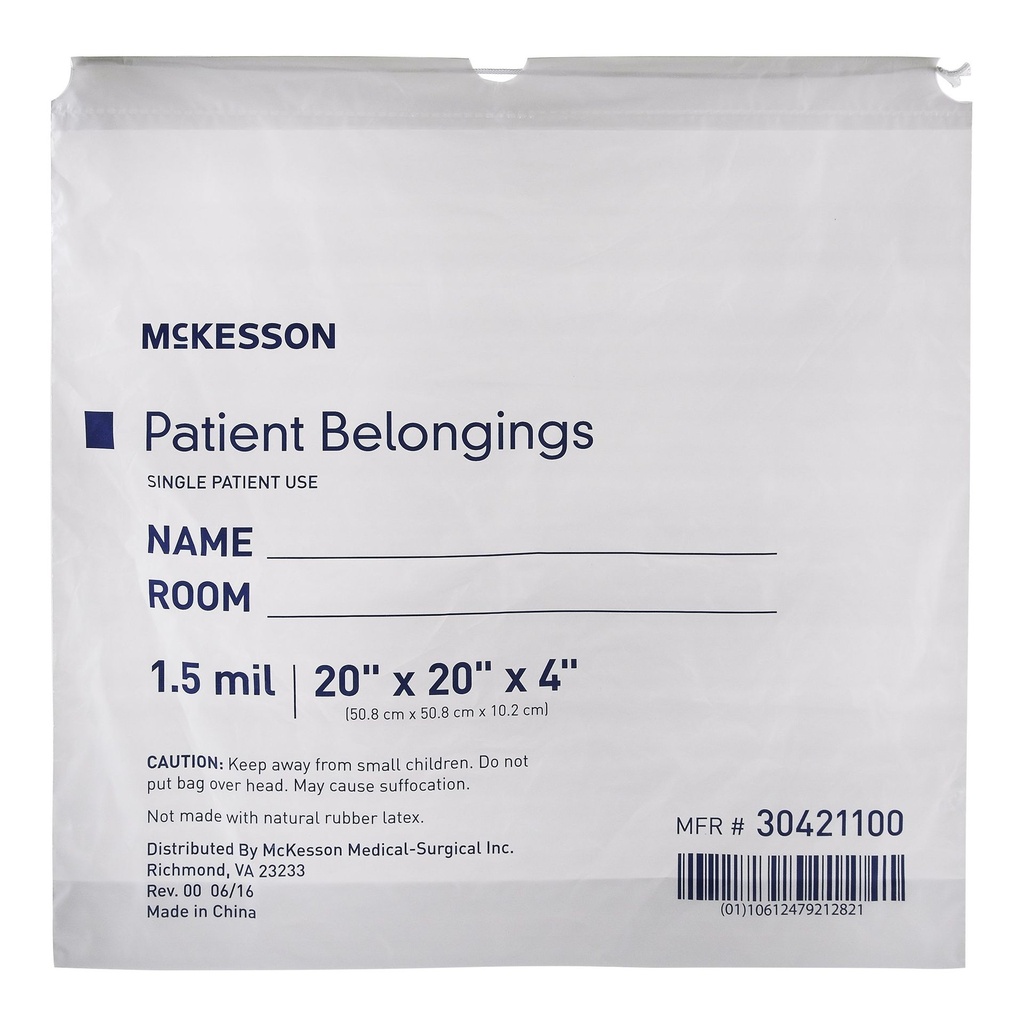 Patient Belongings Bag McKesson 4 X 20 X 20 Inch Polyethylene Drawstring Closure White