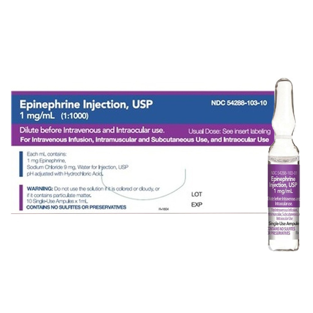 Epinephrine, Preservative Free 1 mg / mL (1:1000) Injection 1 mL