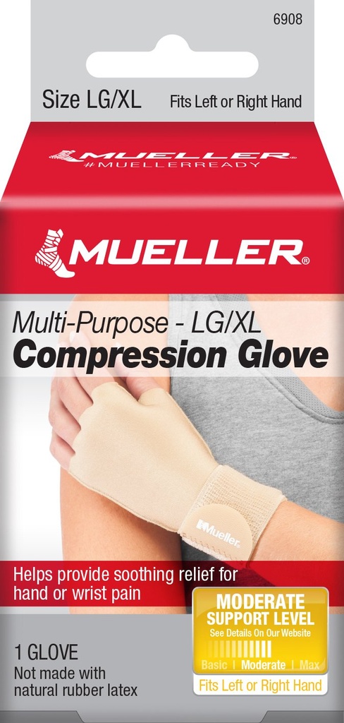 Compression Glove Mueller® Compression &amp; Support Gloves Fingerless Large / X-Large Over-the-Wrist Length Ambidextrous Stretch Fabric