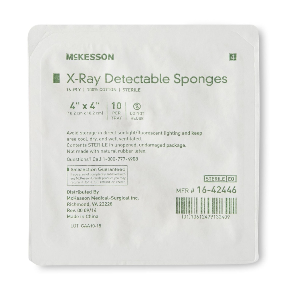 X-Ray Detectable Gauze Sponge McKesson Cotton 16-Ply 4 X 4 Inch Square Sterile