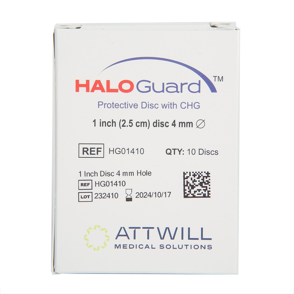 Antimicrobial Protective Disc HaloGUARD™ CHG (Chlorhexidine Gluconate) 1 Inch Disc / 4 mm Hole Diameter Sterile