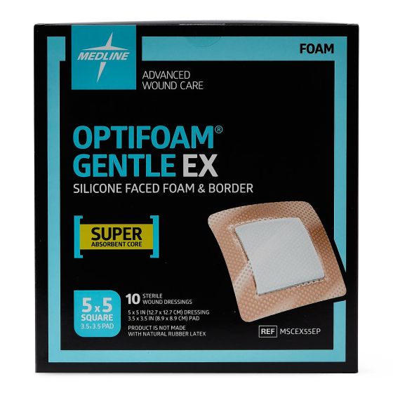 Silicone Foam Dressing Optifoam® Gentle EX 5 X 5 Inch Square Silicone Adhesive with Border Sterile