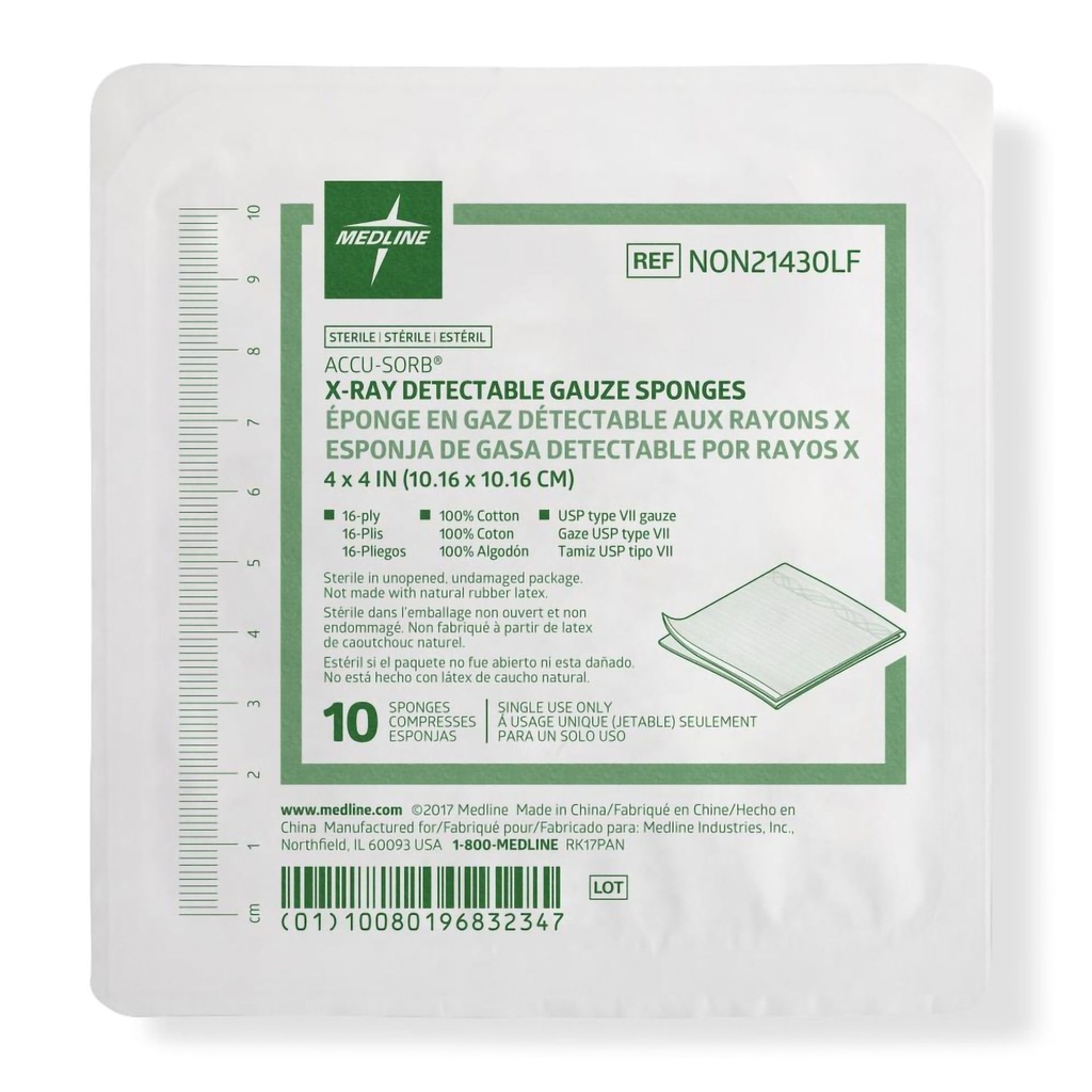 X-Ray Detectable Gauze Sponge Accu-Sorb® Cotton 16-Ply 4 X 4 Inch Square Sterile