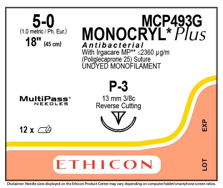 Antibacterial Suture with Needle Monocryl™ Plus Absorbable Uncoated Undyed Suture Poliglecaprone 25 with Irgacare MP Antibacterial Suture Size 5 - 0 18 Inch Suture 1-Needle 13 mm Length 3/8 Circle Reverse Cutting Needle