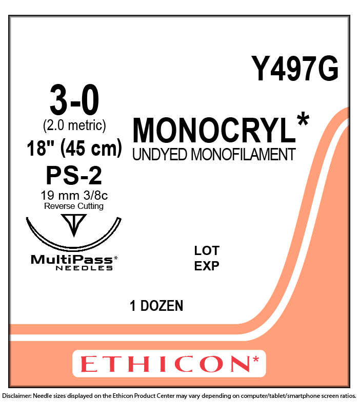 Suture with Needle Monocryl™ Absorbable Uncoated Undyed Suture Monofilament Poliglecaprone Size 3 - 0 18 Inch Suture 1-Needle 19 mm Length 3/8 Circle Precision Point - Reverse Cutting Needle