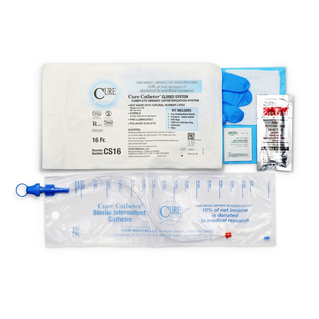 Catheter Kit, Closed System, Single-Use, 16FR, Straight Tip, Unisex, Sterile, 100/cs