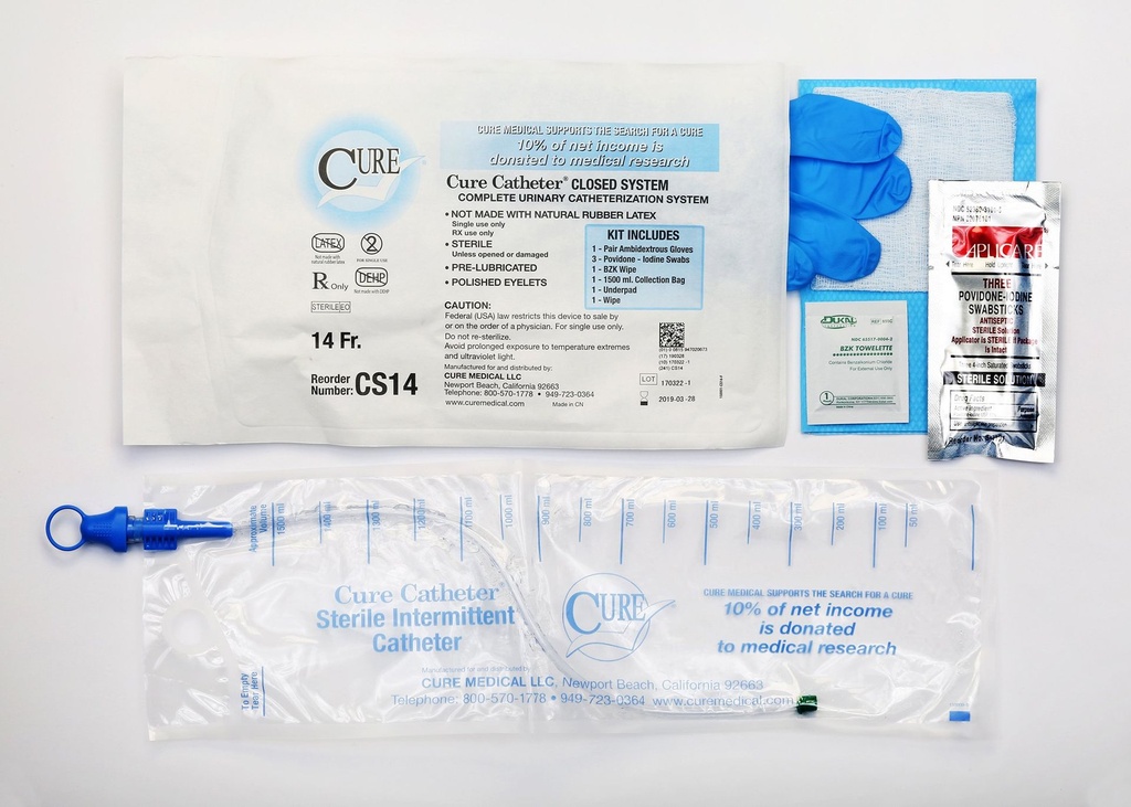 Intermittent Catheter Kit Cure Catheter™ Closed System / Straight Tip 14 Fr. Without Balloon