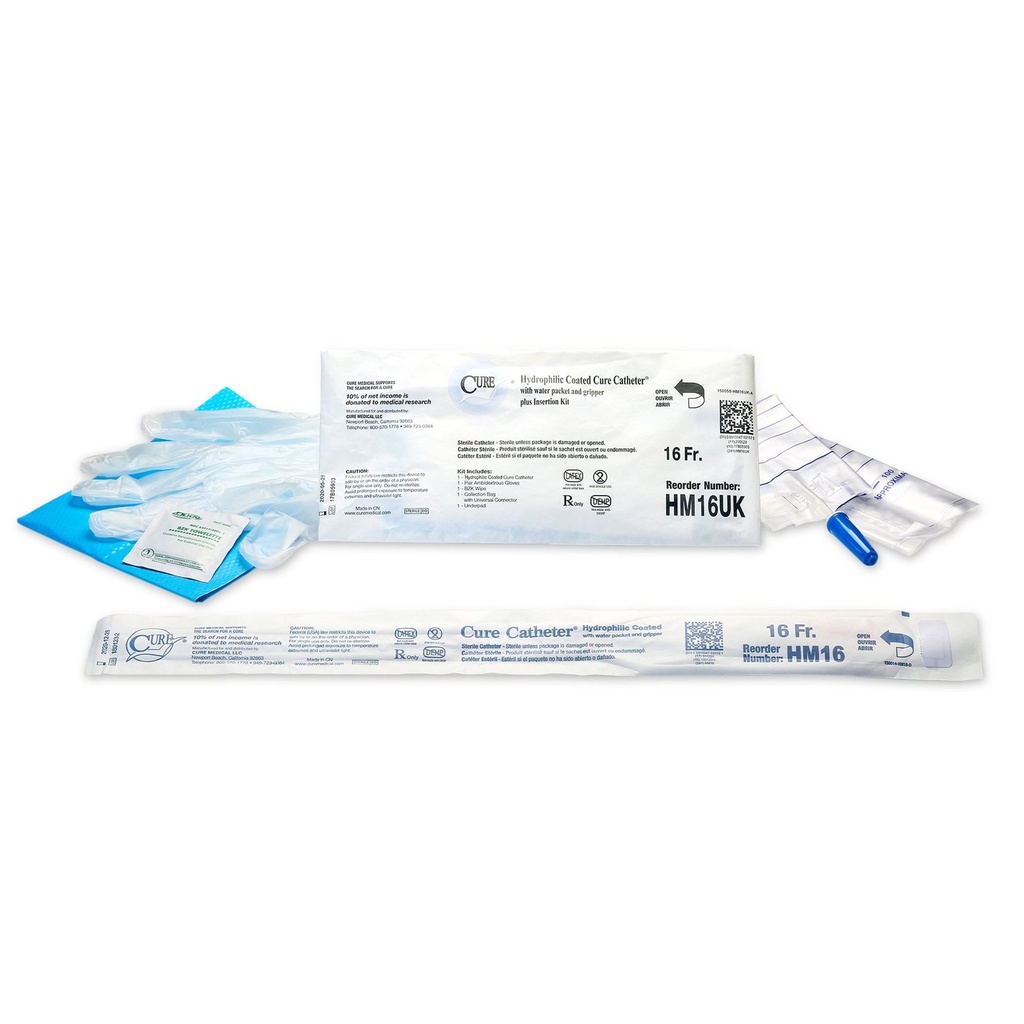 Urethral Catheter Kit Cure Catheter™ U-Shape Straight Tip 16 Fr. Hydrophilic Coated PVC