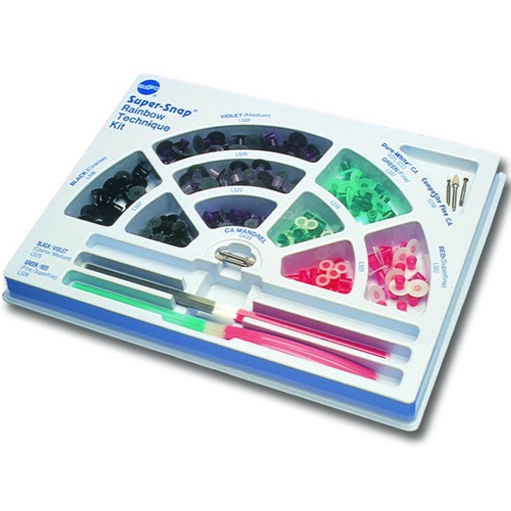 Rainbow Technique Kit, Includes: (100) Standard Disks, (80) Mini Disks, (40) Polystrips, (2) Dura-White® Stones (shapes CN1 &amp; FL2), CompoSite Fine Mid-Point, (4) CA Metal Mandrels Arranged in a Semicircular Rainbow Organizer Tray