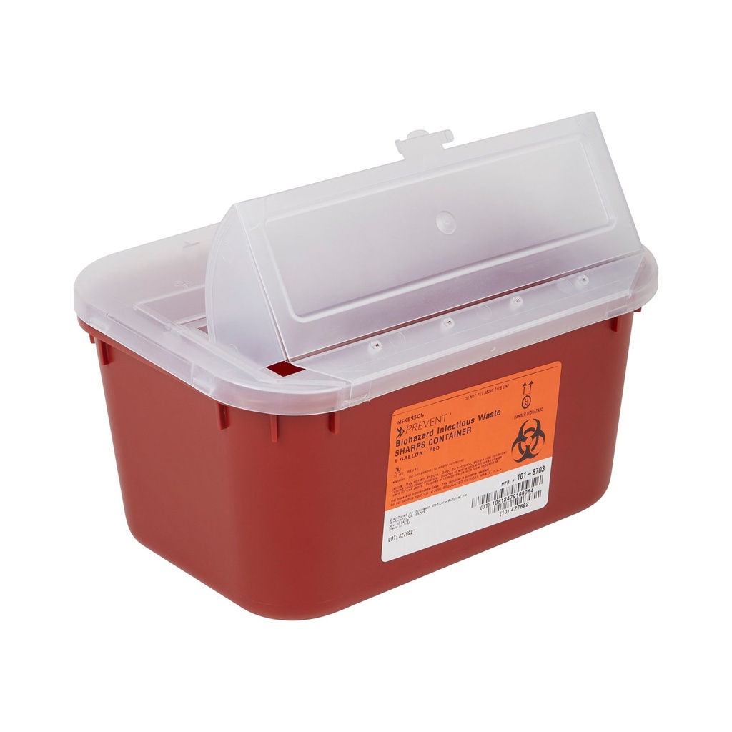 Sharps Container McKesson 5 H X 10 W X 7 D Inch 1 Gallon Red Base / Translucent Lid Horizontal Entry Hinged Snap On Lid
