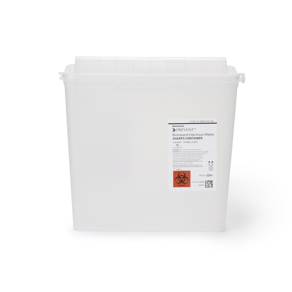 Sharps Container McKesson Prevent® 10-3/4 H X 10-1/2 W X 4-3/4 D Inch 1.25 Gallon Translucent Base / White Lid Horizontal Entry Counter Balanced Door Lid