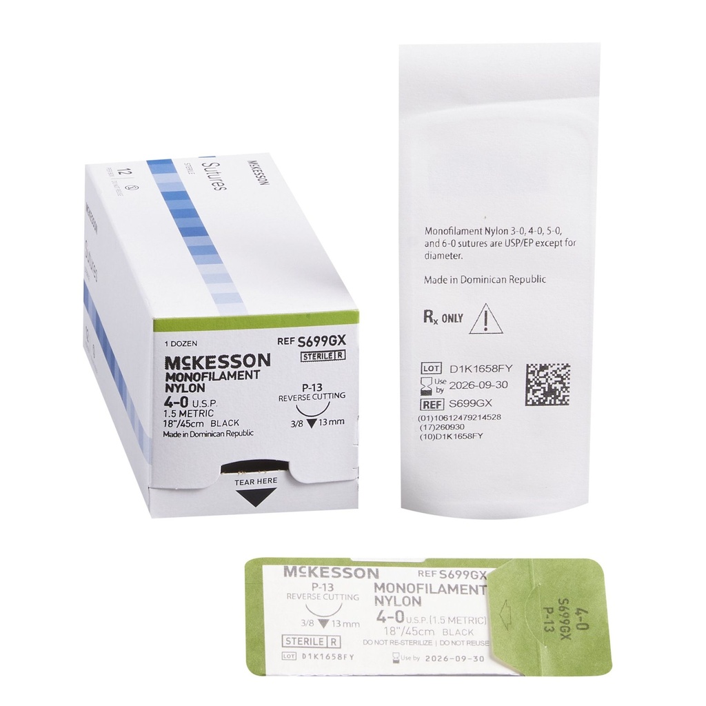 Suture with Needle McKesson Nonabsorbable Uncoated Black Suture Monofilament Nylon Size 4 - 0 18 Inch Suture 1-Needle 13 mm Length 3/8 Circle Reverse Cutting Needle