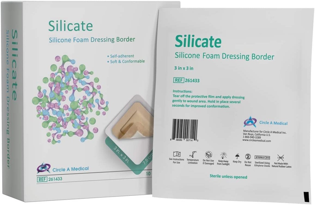 Silicate Silicone Border Foam Dressing, Gentle, 3&quot; x 3&quot;, 10/bx