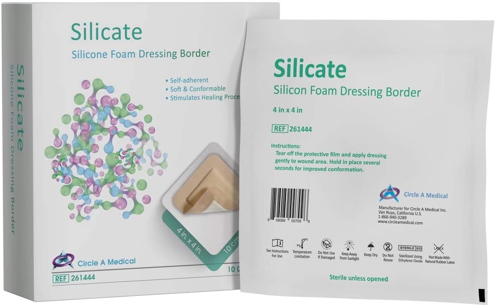 Silicate Silicone Border Foam Dressing, Gentle, 4&quot; x 4&quot;, 10/bx