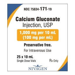 [NIV-75834017119] Calcium Gluconate, Preservative Free 10%, 100 mg / mL Injection 10 mL