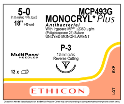 [ETH-MCP493G] Antibacterial Suture with Needle Monocryl™ Plus Absorbable Uncoated Undyed Suture Poliglecaprone 25 with Irgacare MP Antibacterial Suture Size 5 - 0 18 Inch Suture 1-Needle 13 mm Length 3/8 Circle Reverse Cutting Needle