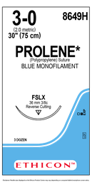 [ETH-8649H] Suture with Needle Prolene™ Nonabsorbable Uncoated Blue Suture Monofilament Polypropylene Suture Size 3 - 0 30 Inch Suture 1-Needle 36 mm Length 3/8 Circle Reverse Cutting Needle