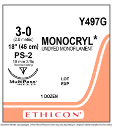 [ETH-Y497G] Suture with Needle Monocryl™ Absorbable Uncoated Undyed Suture Monofilament Poliglecaprone Size 3 - 0 18 Inch Suture 1-Needle 19 mm Length 3/8 Circle Precision Point - Reverse Cutting Needle