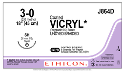 [ETH-J864D] Suture with Needle Coated Vicryl™ Absorbable Coated Undyed Suture Braided Polyglactin 910 Size 3 - 0 18 Inch Suture 1-Needle 26 mm Length 1/2 Circle Taper Point Needle